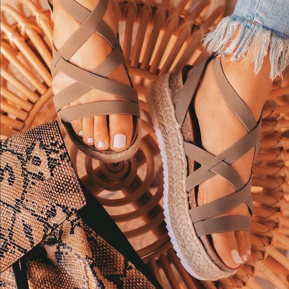 Soda Shoes - Dark Natural Strappy Flatform Straps Espadrille